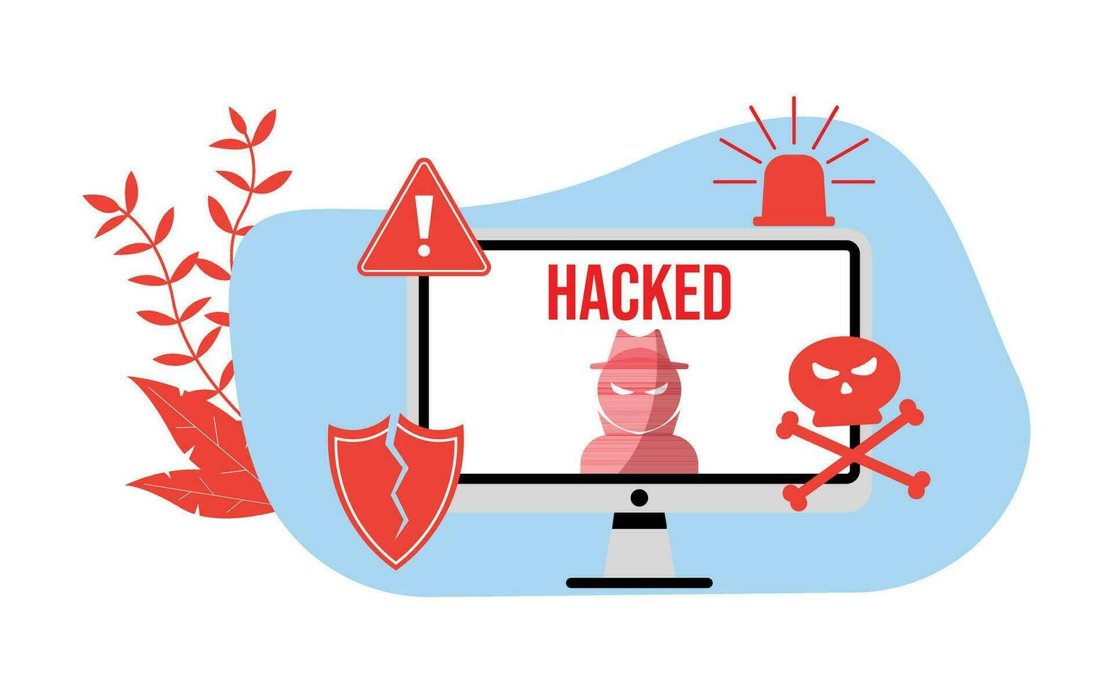 ciber crimen pirateado dispositivo por hacker ilustrador con computadora monitor hacker icono filtrado contraseña y cráneo icono vector