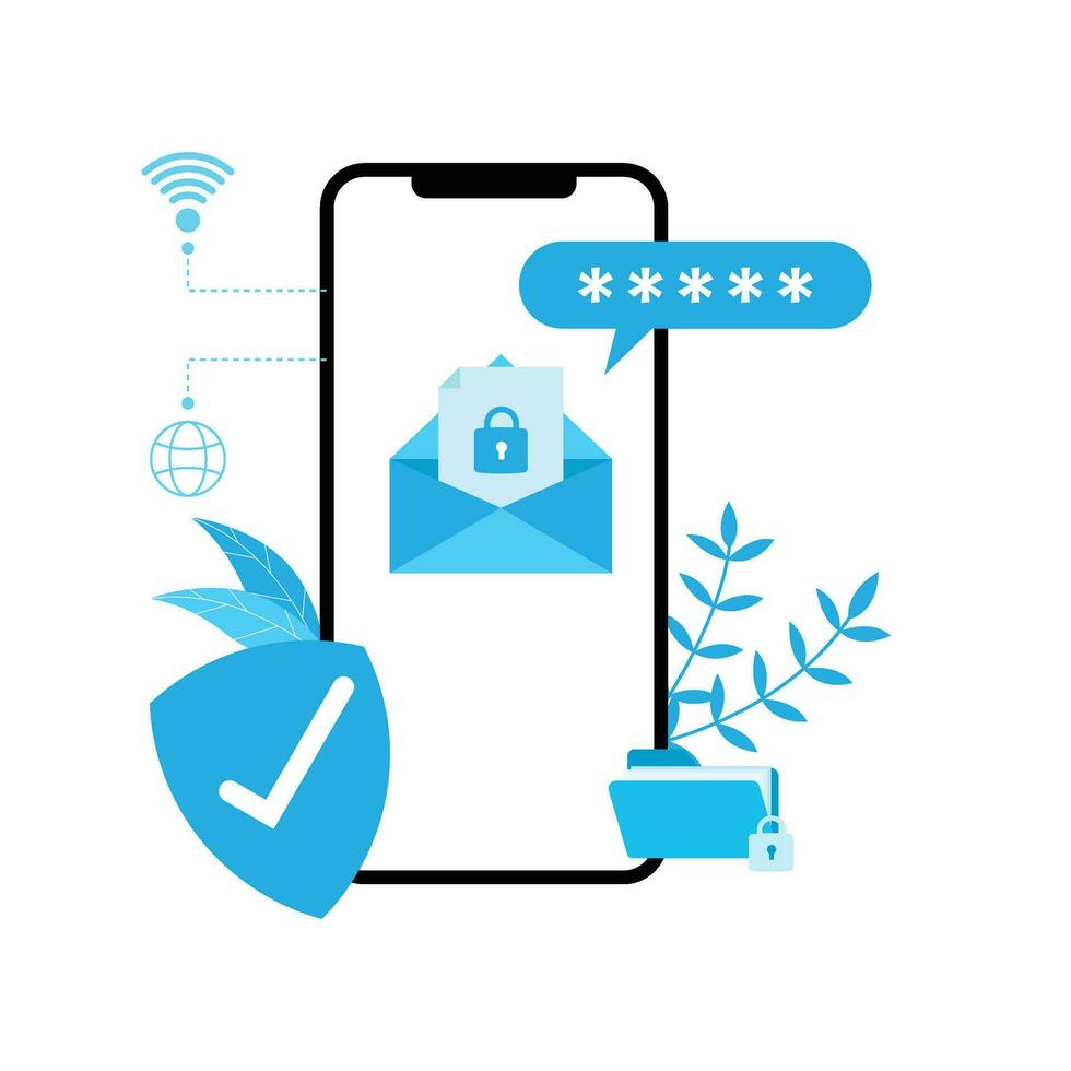 cyber security illustration on smartphone flat design blue color protected password and personal information on internet vector