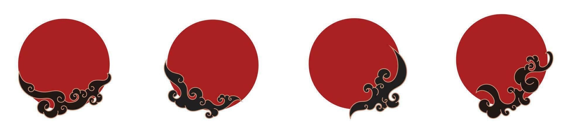 ornamental rojo circulo marco frontera con negro nube y oro cebar garabatear japonés estilo vector