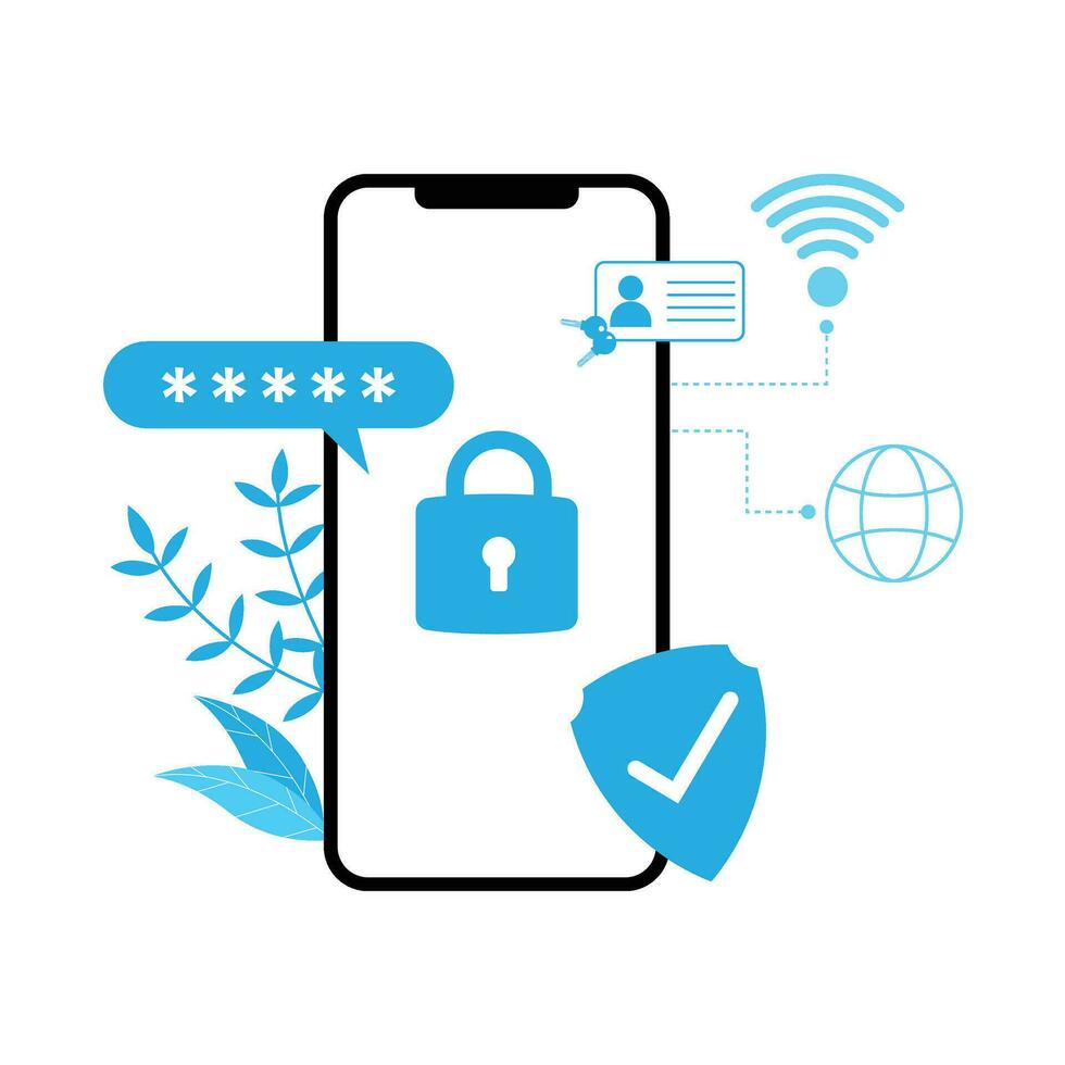 ciber seguridad ilustración en teléfono inteligente plano diseño azul color protegido contraseña y personal información en Internet vector