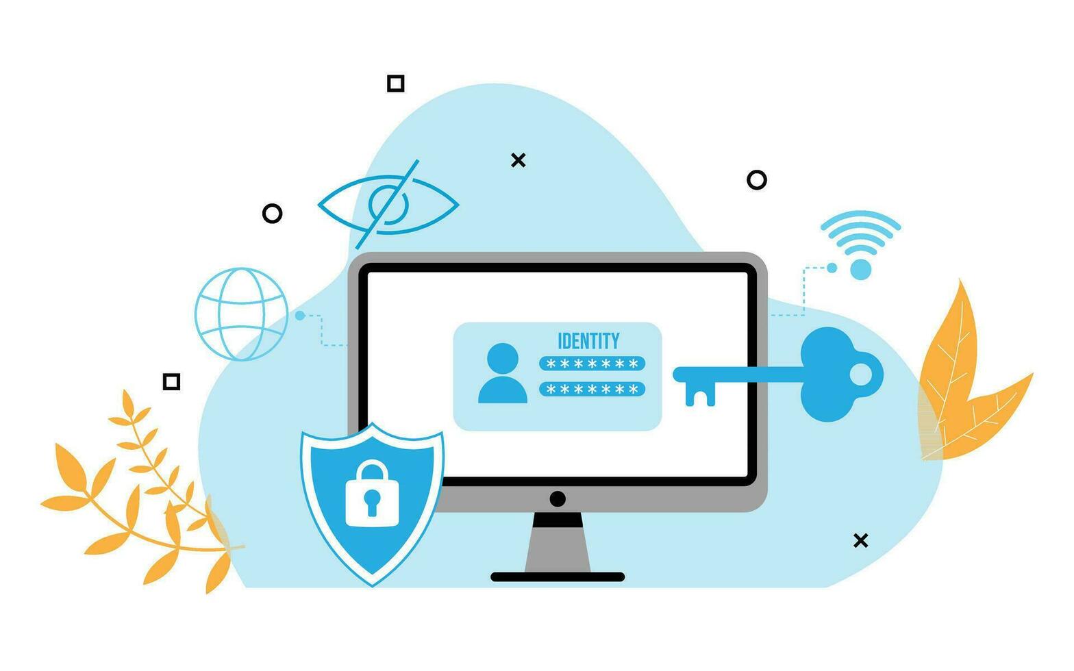 cyber security illustration with computer monitor shield and internet connection safety for internet vector