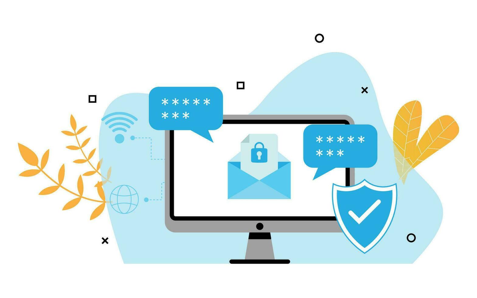 cyber security illustration with computer monitor shield and internet connection safety for internet vector
