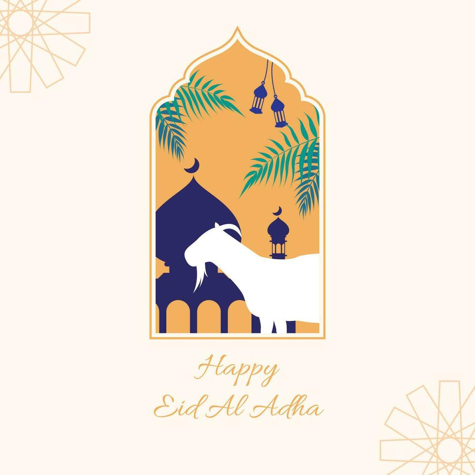 Eid al Adha Greeting Card Vector simple design with mosque in the night and goat inside the ornamental arabic frame