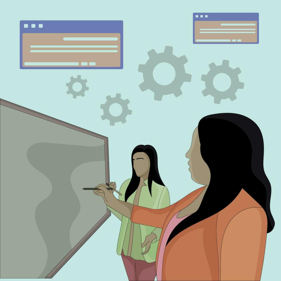 vector two women work using digital board flat design