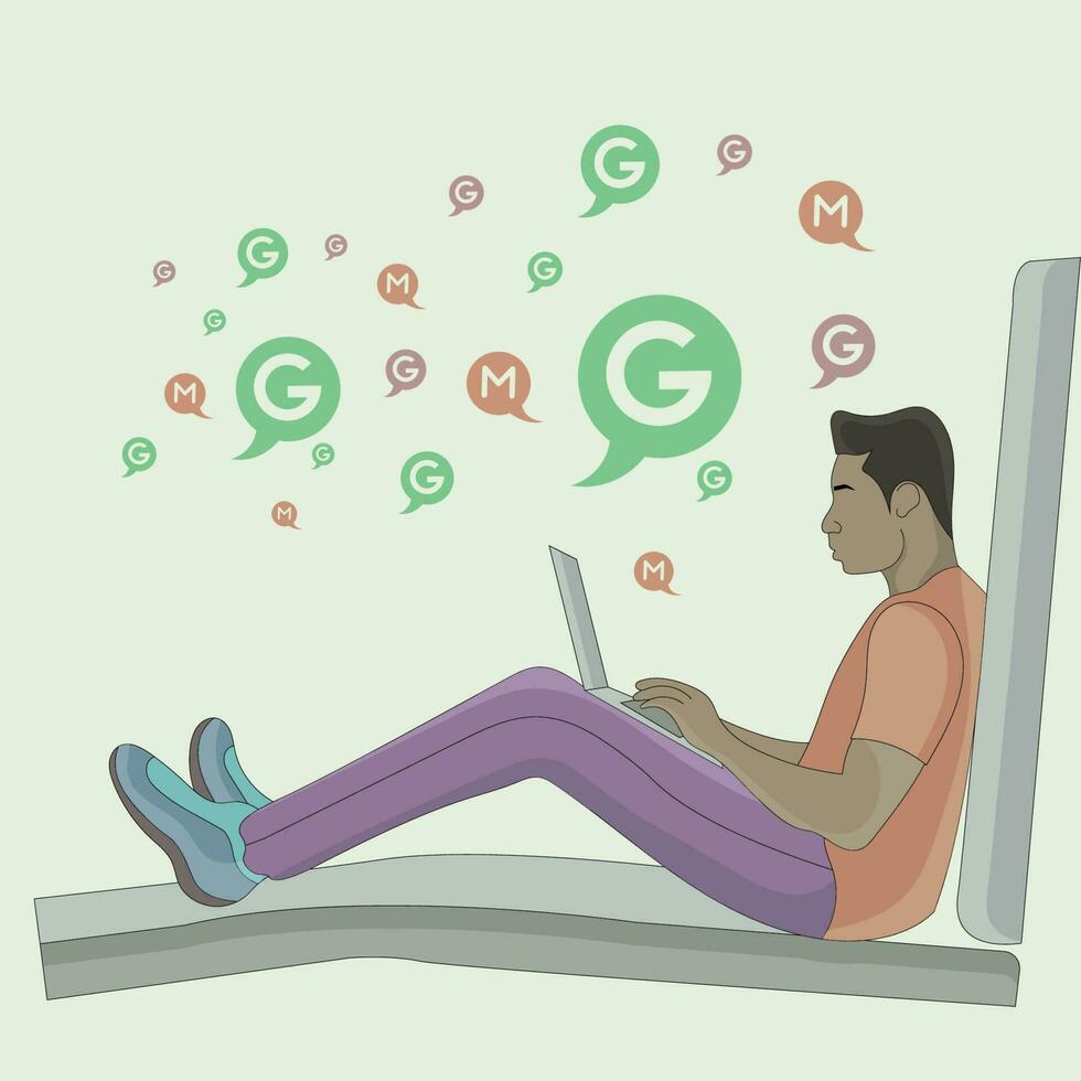 vector a boy surf social media using a laptop flat design