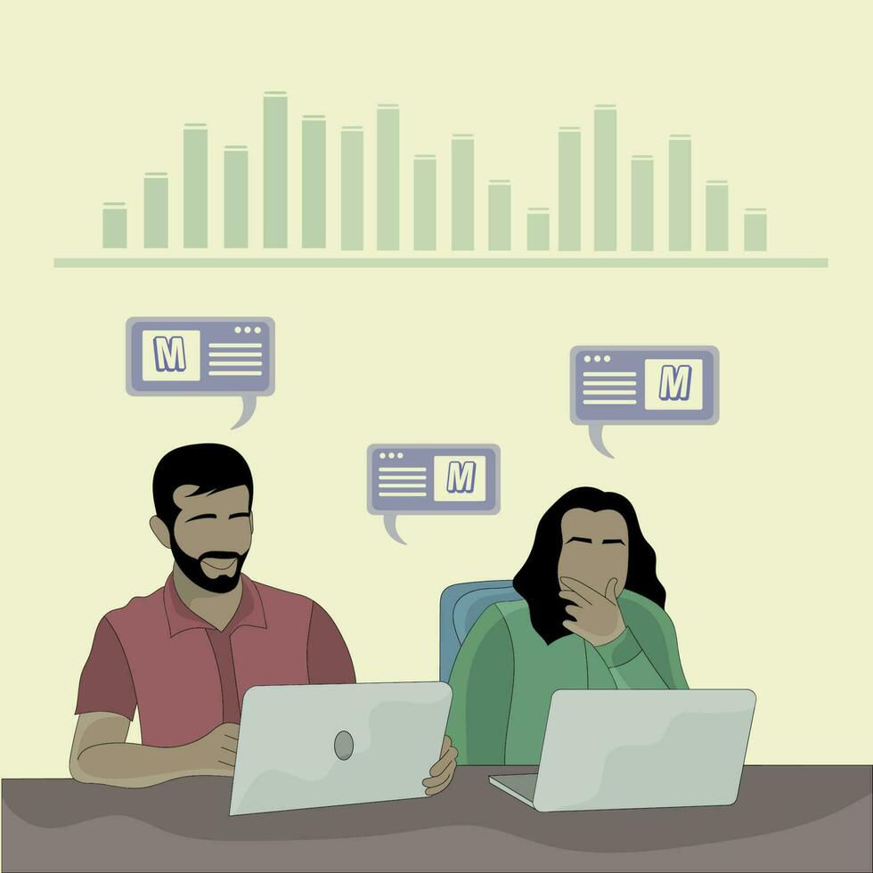 vector un hombre y un mujer mensajes de texto utilizando laptops plano diseño