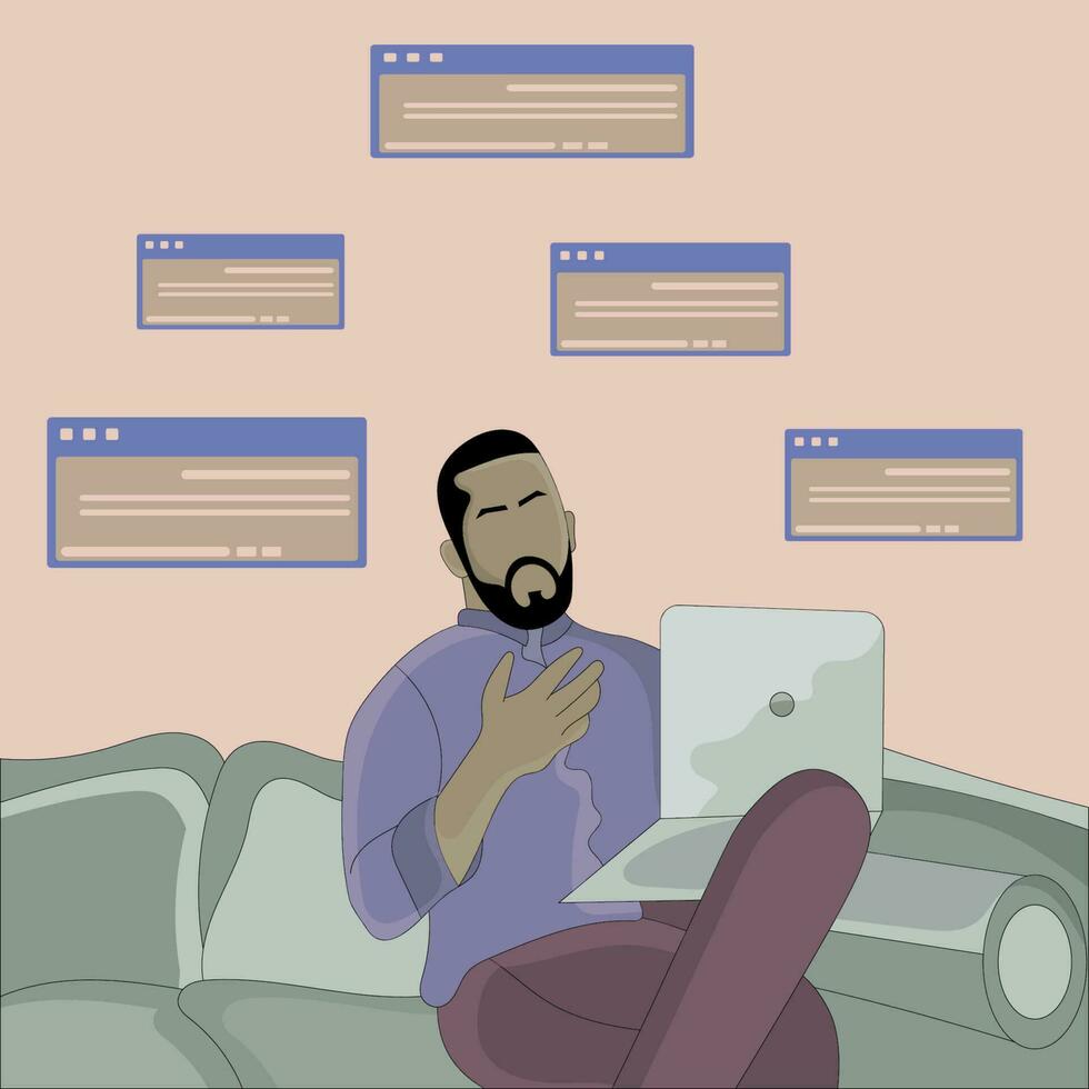 vector a man surf internet using laptop sitting on sofa flat design