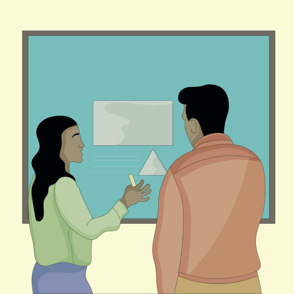 vector man and woman discuss using digital board flat design