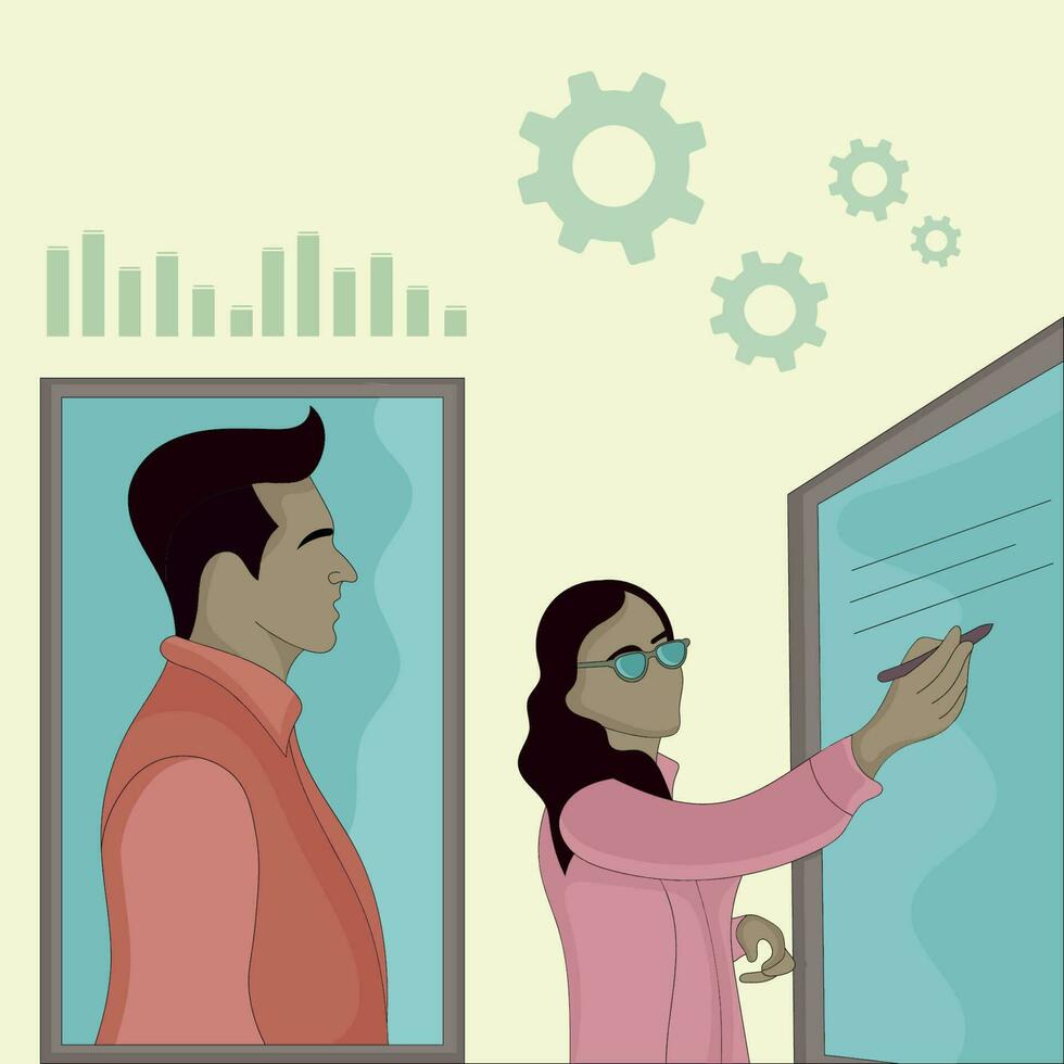 vector a woman writing on a board while a man looking on it flat design