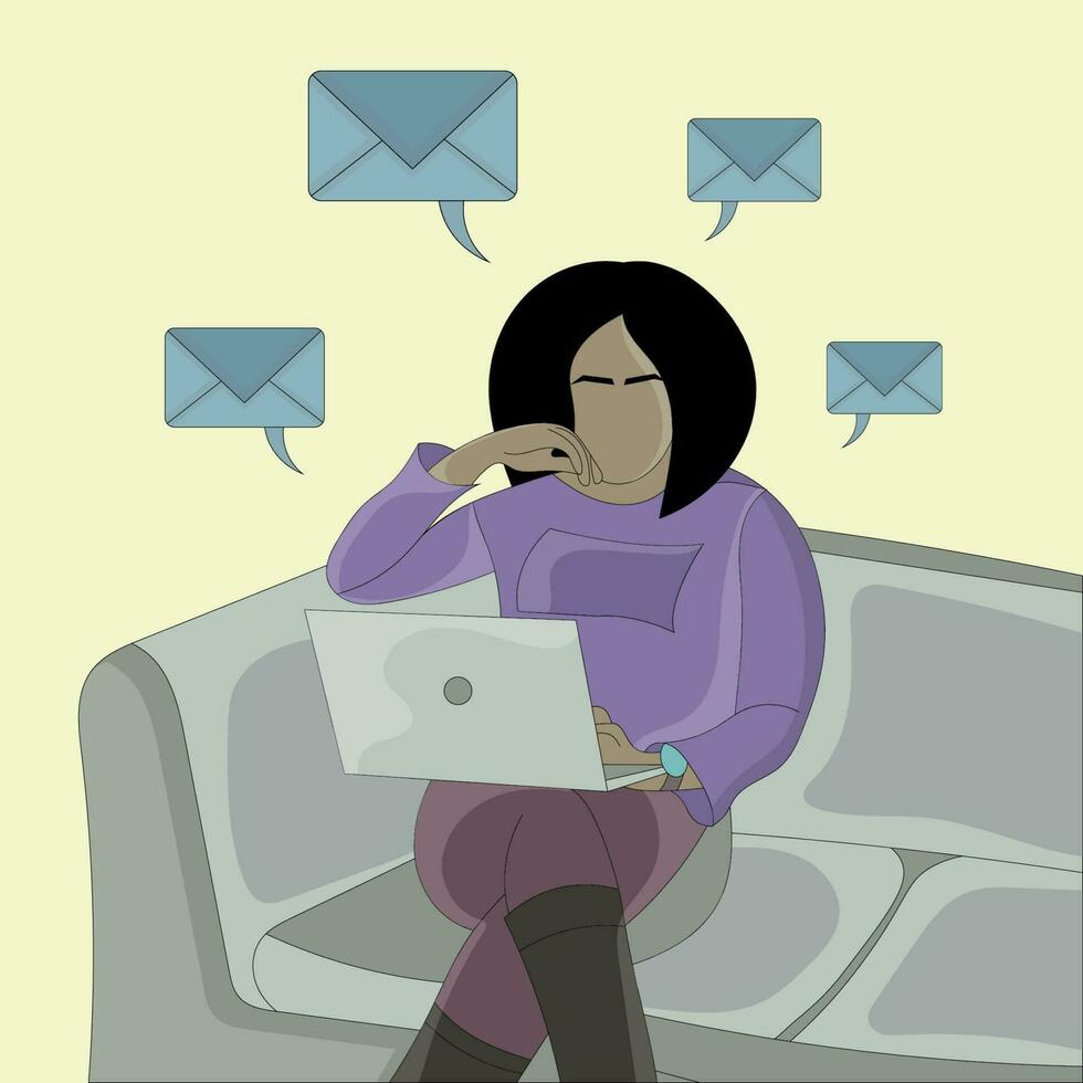 vector a girl reading messages on laptop computer flat design