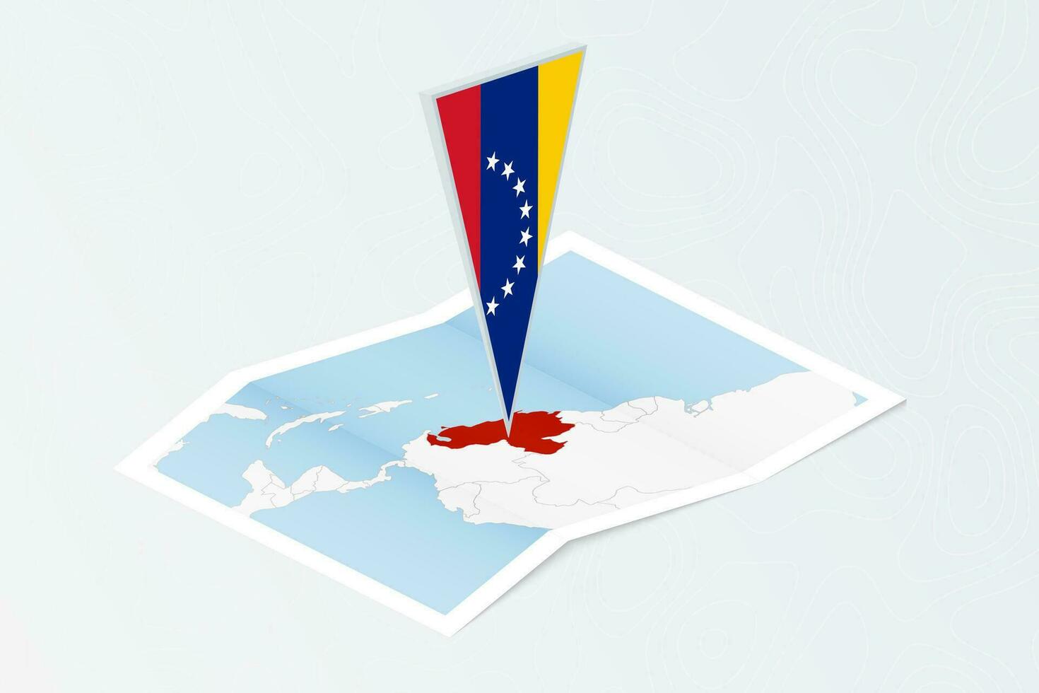 Isometric paper map of Venezuela with triangular flag of Venezuela in isometric style. Map on topographic background. vector