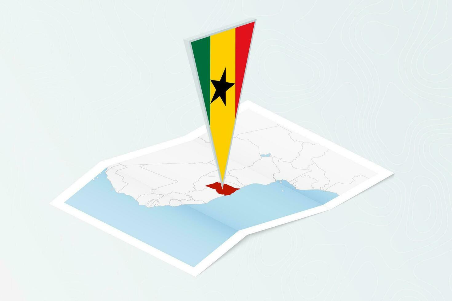 isométrica papel mapa de Ghana con triangular bandera de Ghana en isométrica estilo. mapa en topográfico antecedentes. vector