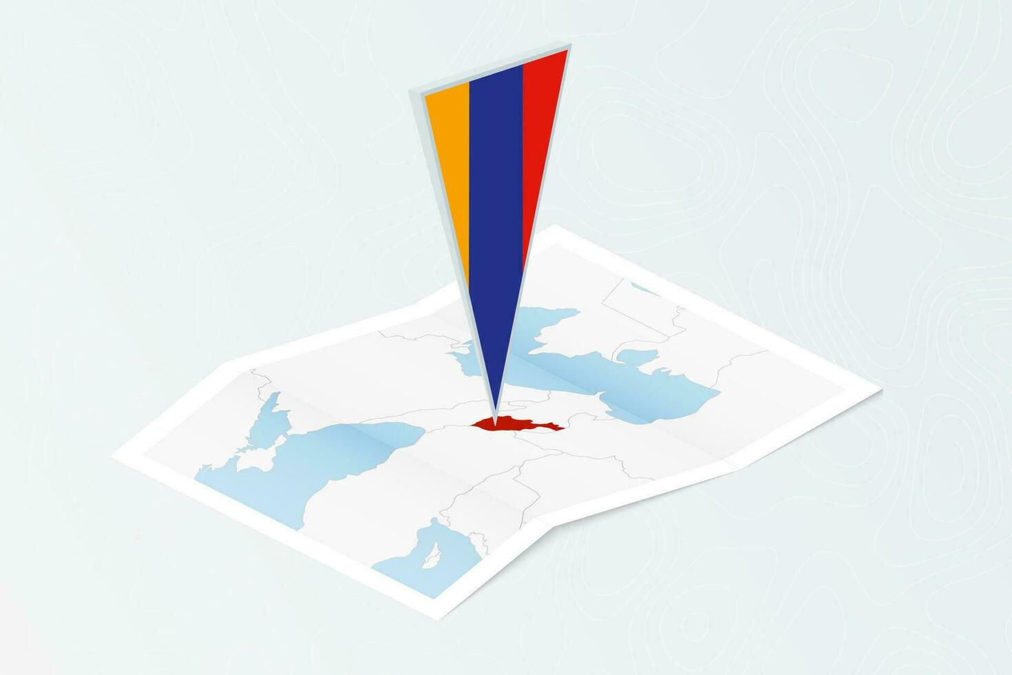 Isometric paper map of Armenia with triangular flag of Armenia in isometric style. Map on topographic background. vector