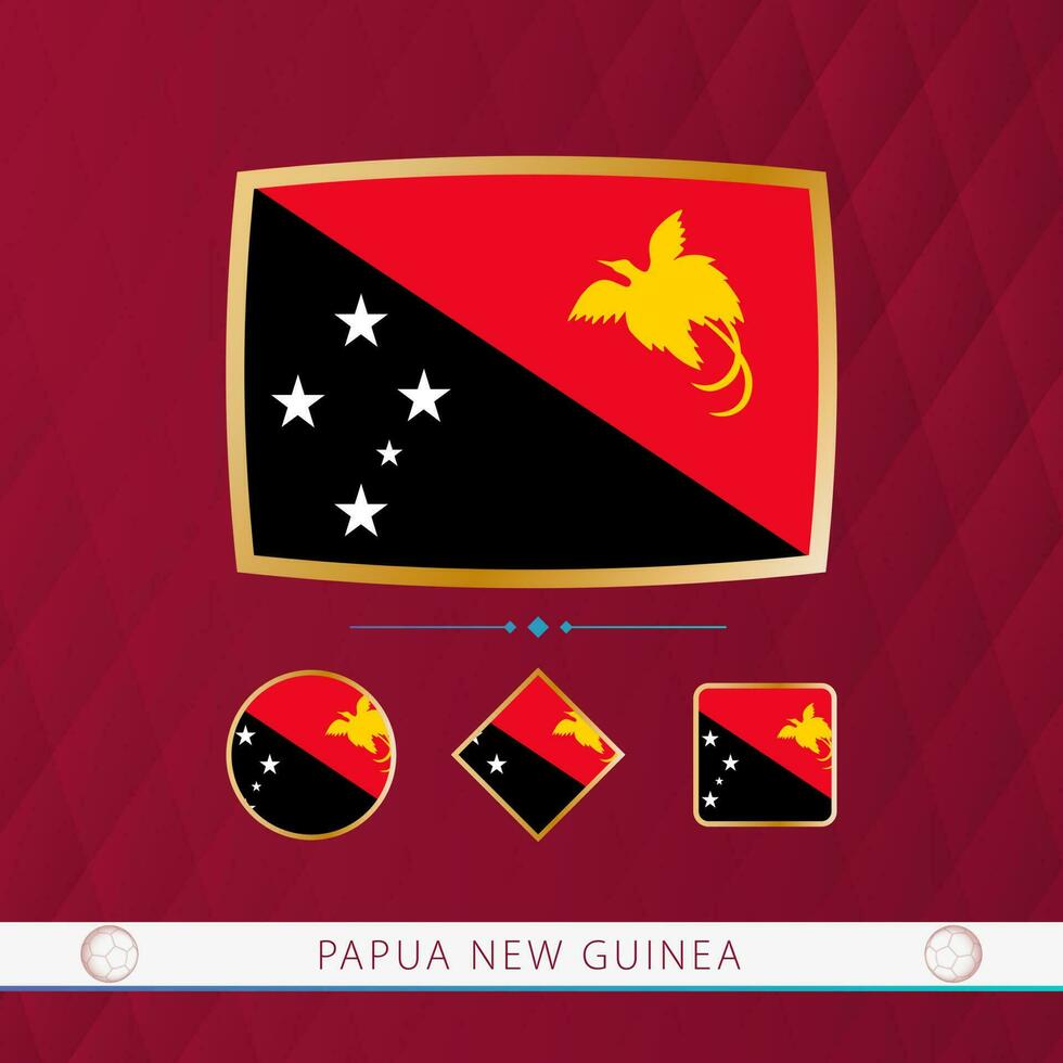 Set of Papua New Guinea flags with gold frame for use at sporting events on a burgundy abstract background. vector