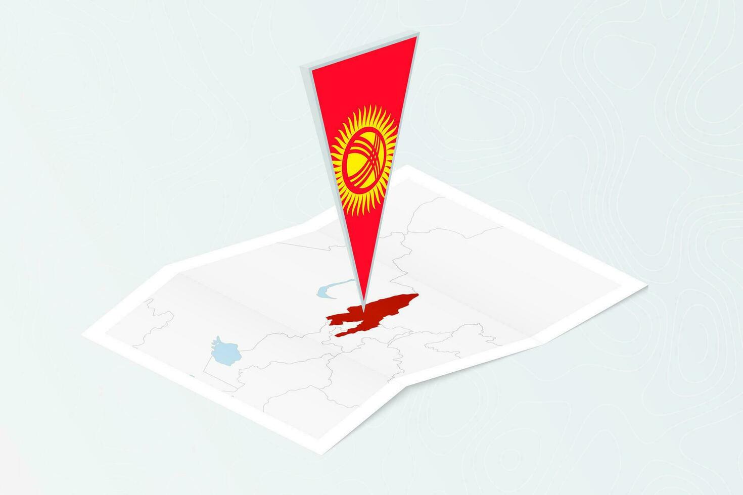 Isometric paper map of Kyrgyzstan with triangular flag of Kyrgyzstan in isometric style. Map on topographic background. vector