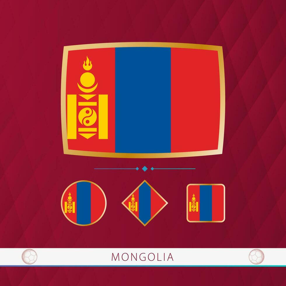 Set of Mongolia flags with gold frame for use at sporting events on a burgundy abstract background. vector