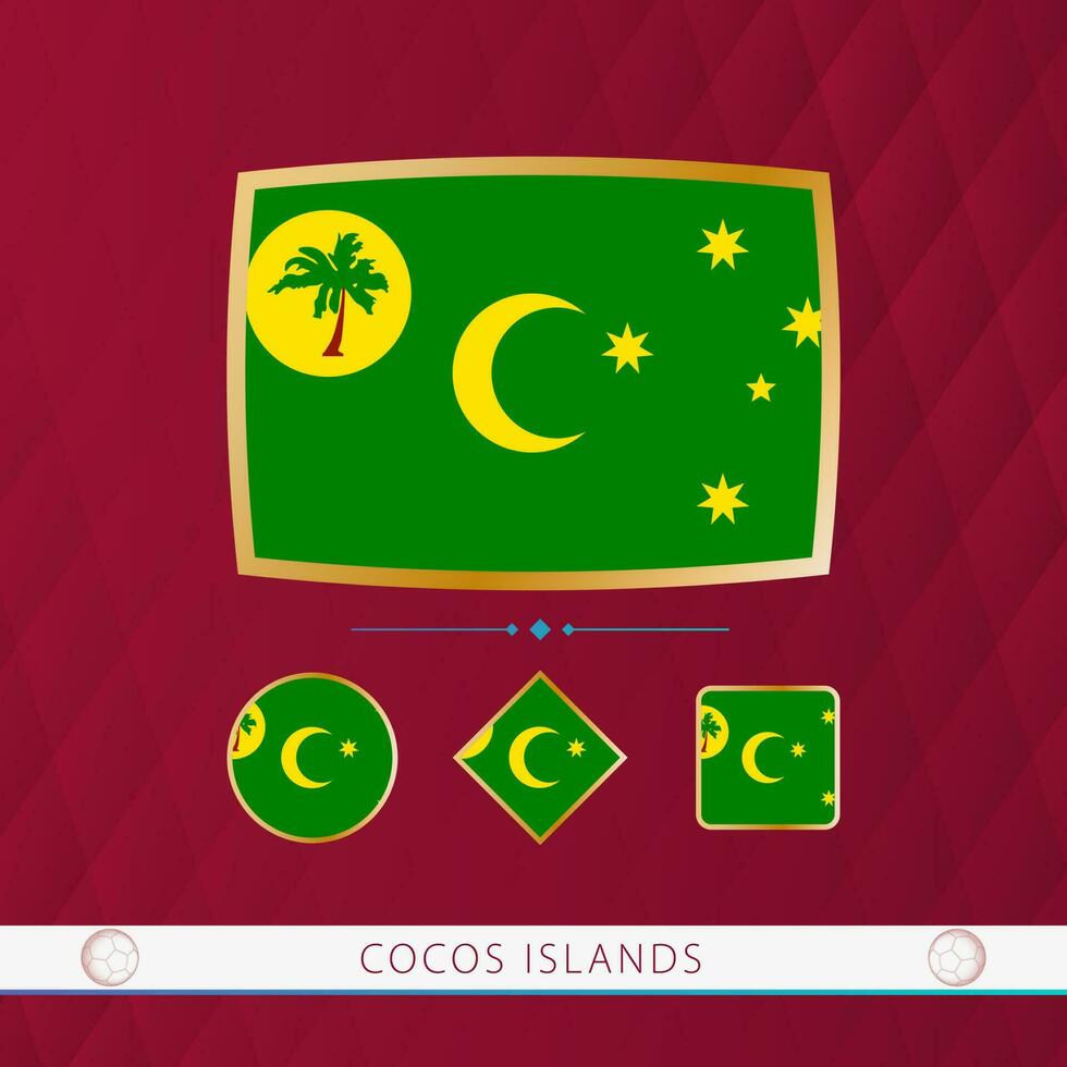 Set of Cocos Islands flags with gold frame for use at sporting events on a burgundy abstract background. vector