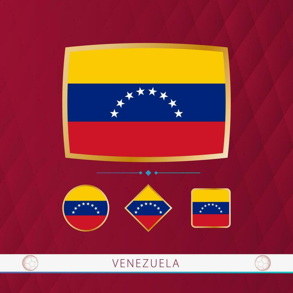 Set of Venezuela flags with gold frame for use at sporting events on a burgundy abstract background. vector