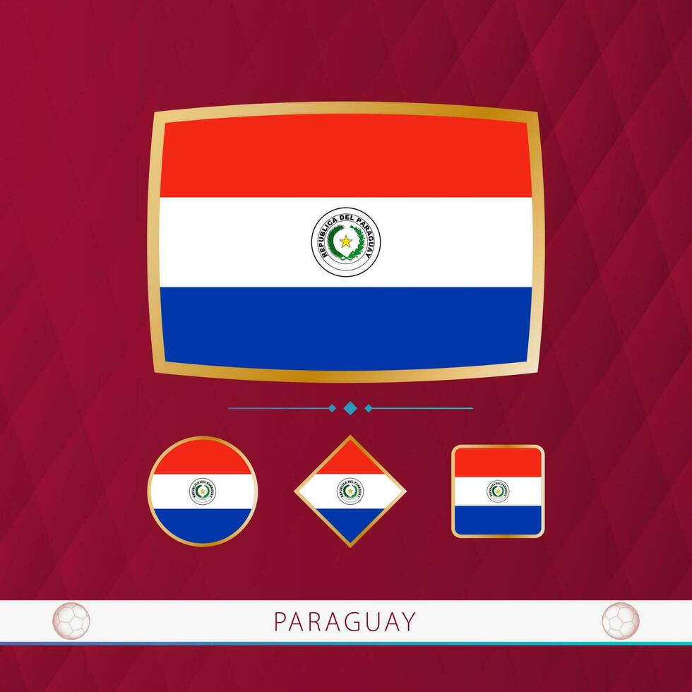 Set of Paraguay flags with gold frame for use at sporting events on a burgundy abstract background. vector