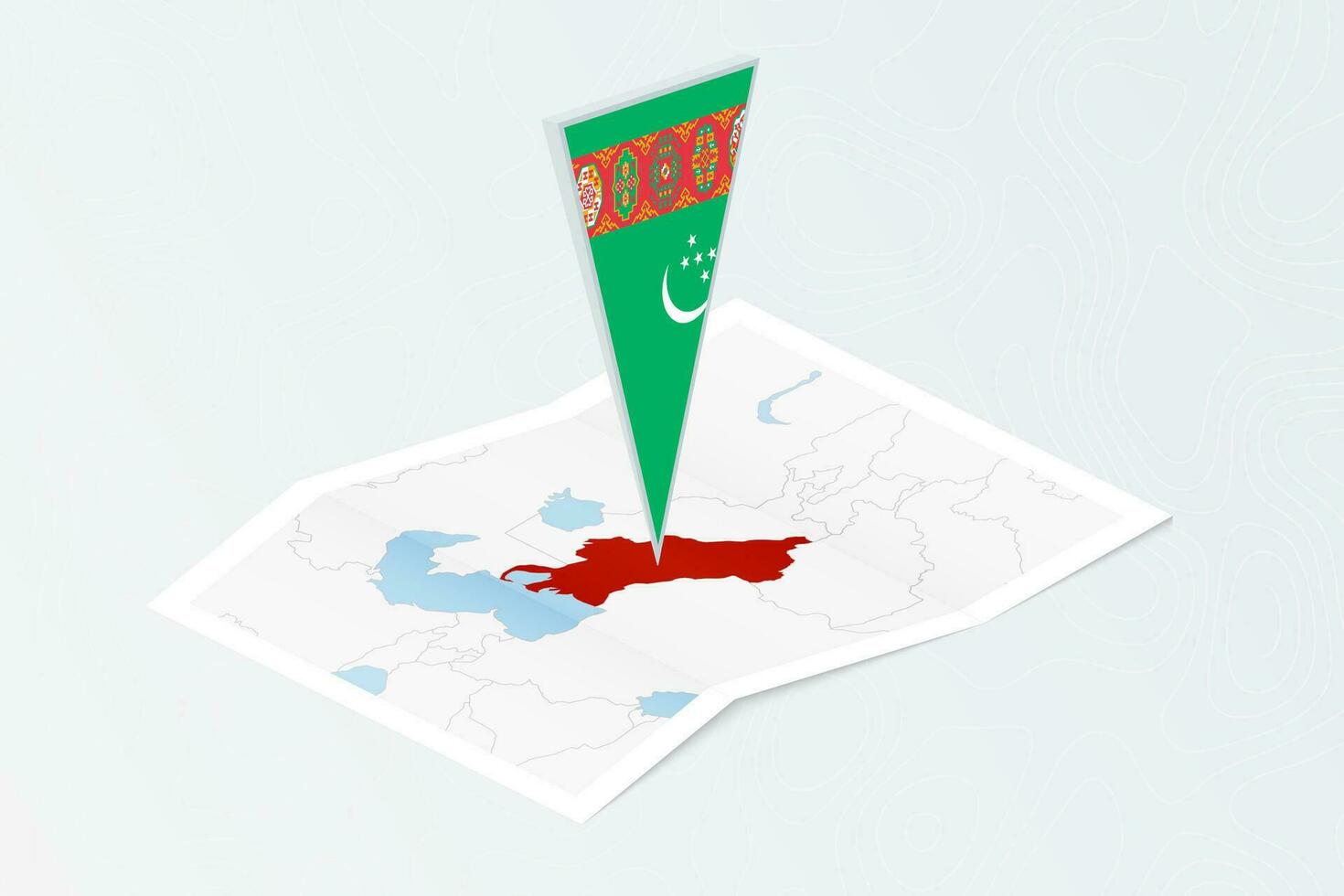 Isometric paper map of Turkmenistan with triangular flag of Turkmenistan in isometric style. Map on topographic background. vector