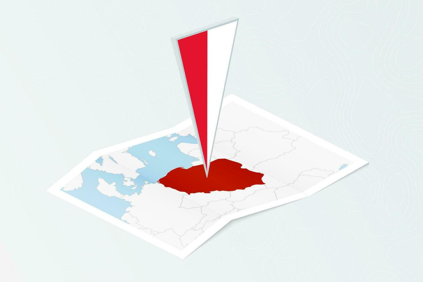 isométrica papel mapa de Polonia con triangular bandera de Polonia en isométrica estilo. mapa en topográfico antecedentes. vector