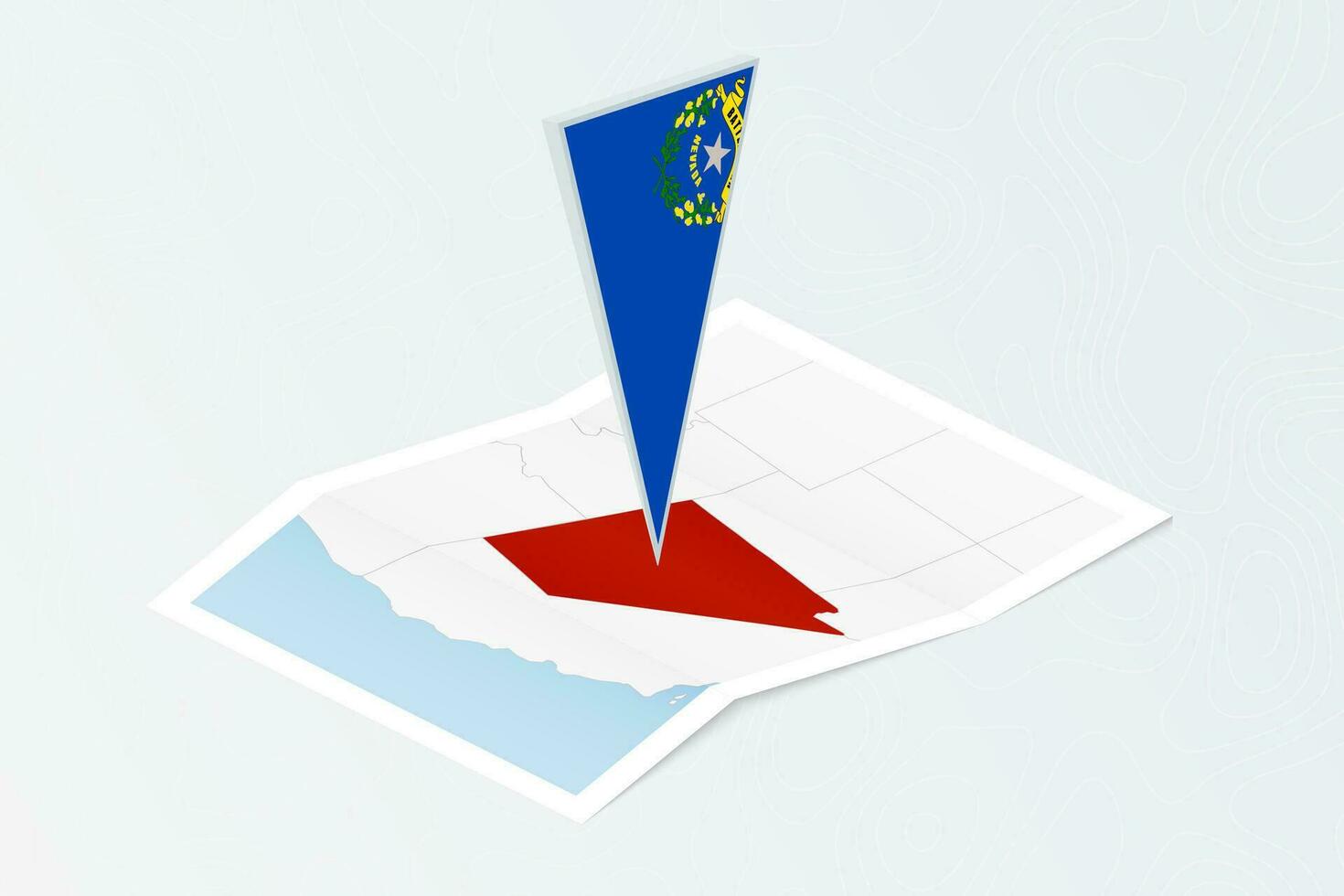 Isometric paper map of Nevada with triangular flag of Nevada in isometric style. Map on topographic background. vector