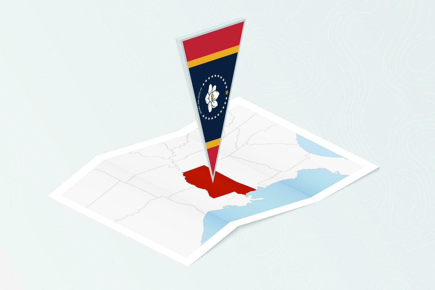 Isometric paper map of Mississippi with triangular flag of Mississippi in isometric style. Map on topographic background. vector