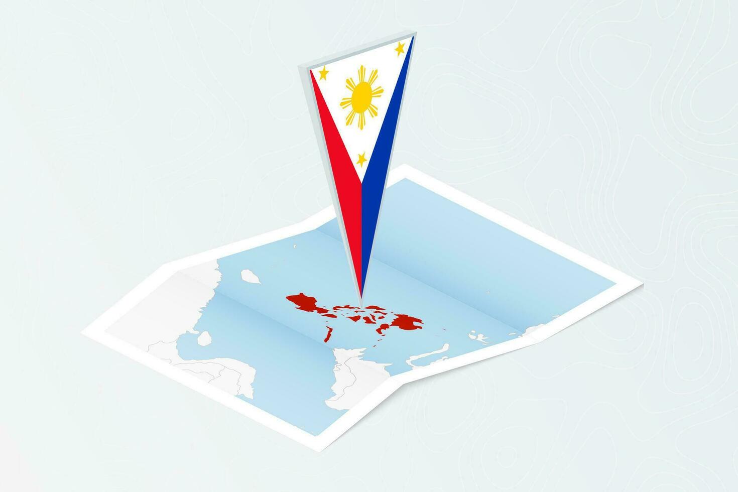 Isometric paper map of Philippines with triangular flag of Philippines in isometric style. Map on topographic background. vector