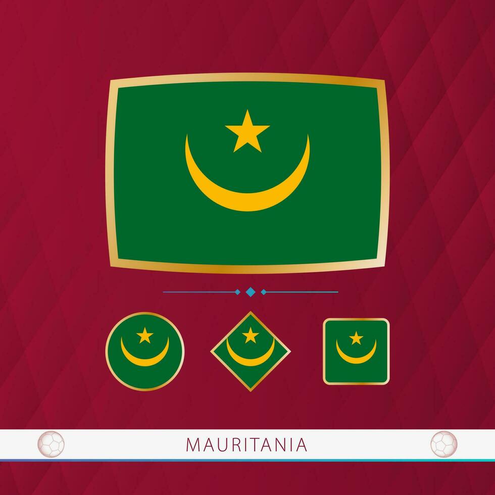 Set of Mauritania flags with gold frame for use at sporting events on a burgundy abstract background. vector