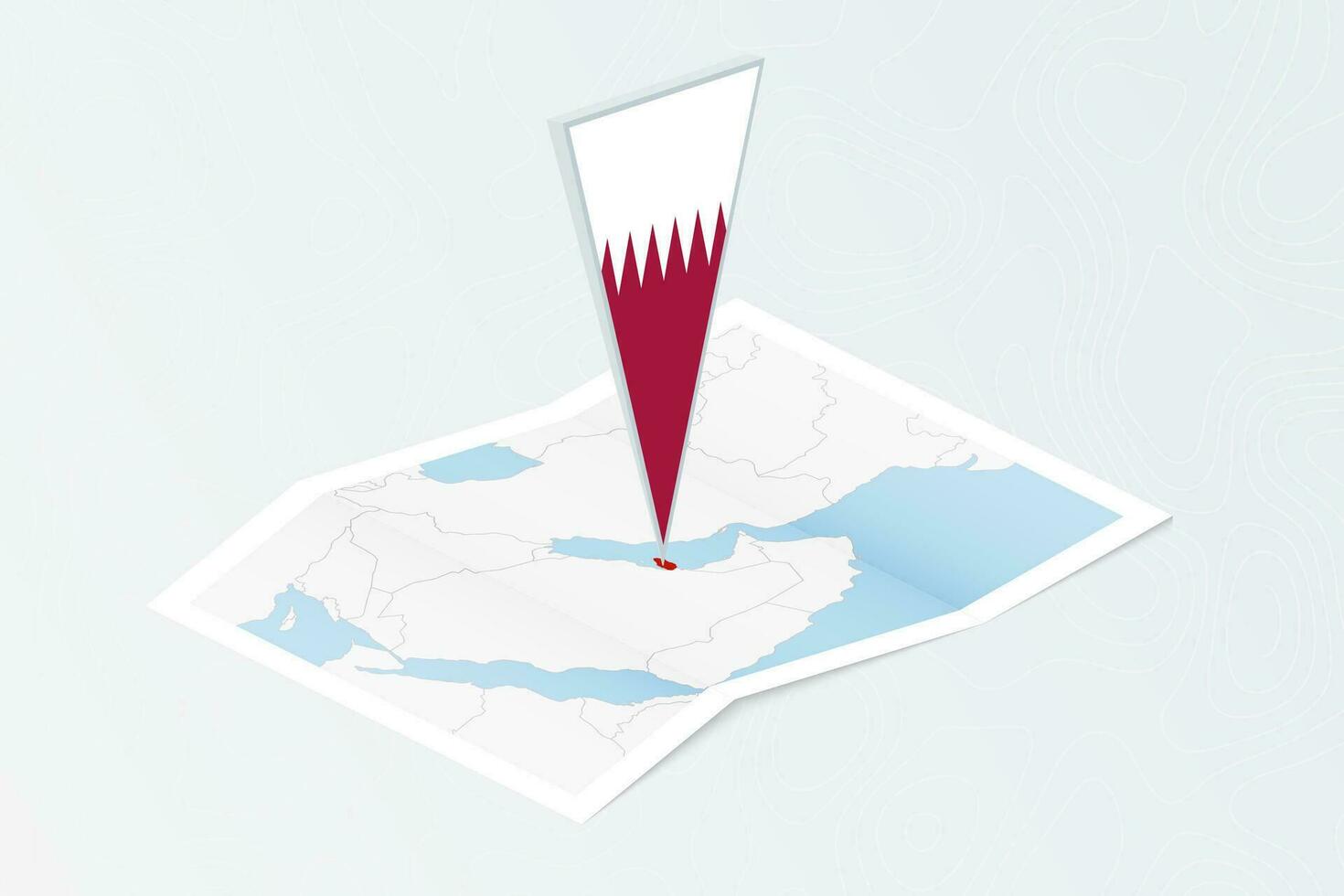 Isometric paper map of Qatar with triangular flag of Qatar in isometric style. Map on topographic background. vector