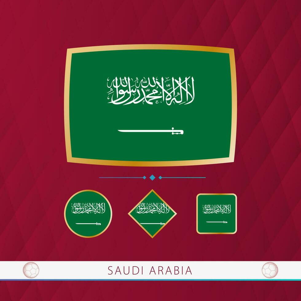 Set of Saudi Arabia flags with gold frame for use at sporting events on a burgundy abstract background. vector