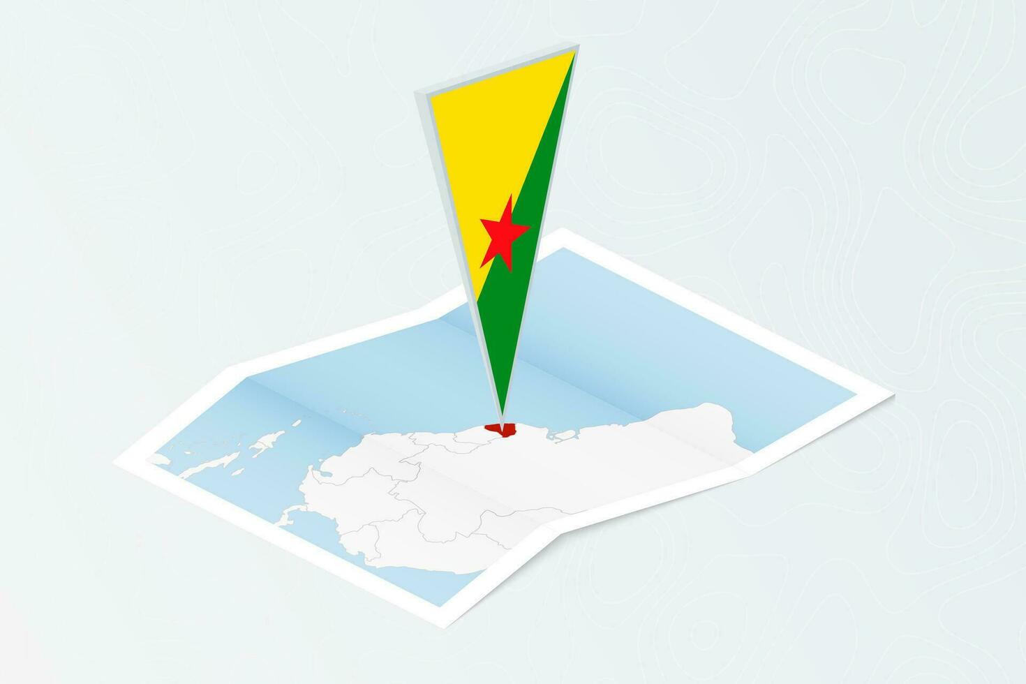 Isometric paper map of French Guiana with triangular flag of French Guiana in isometric style. Map on topographic background. vector