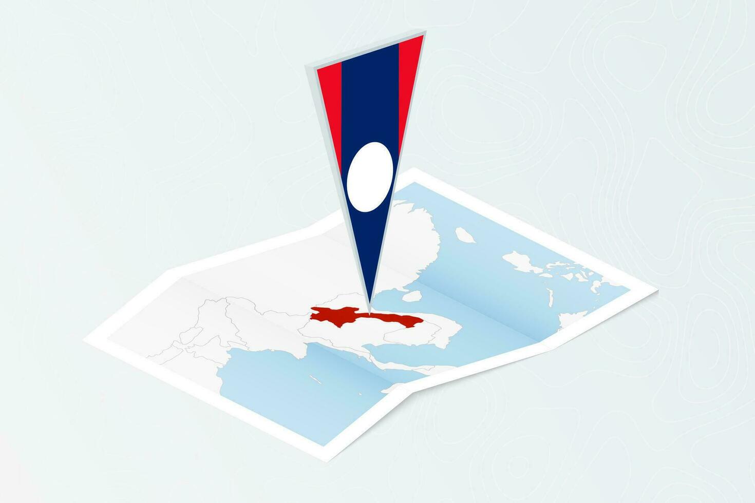 Isometric paper map of Laos with triangular flag of Laos in isometric style. Map on topographic background. vector