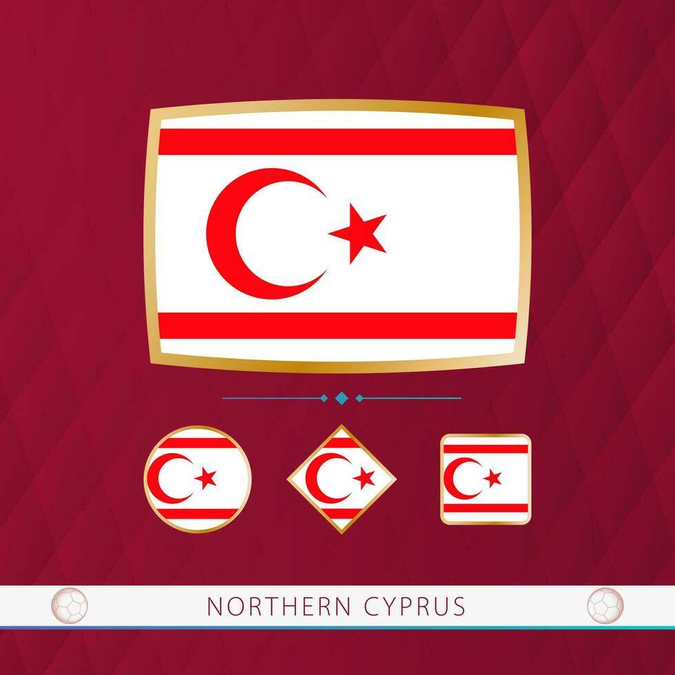 Set of Northern Cyprus flags with gold frame for use at sporting events on a burgundy abstract background. vector