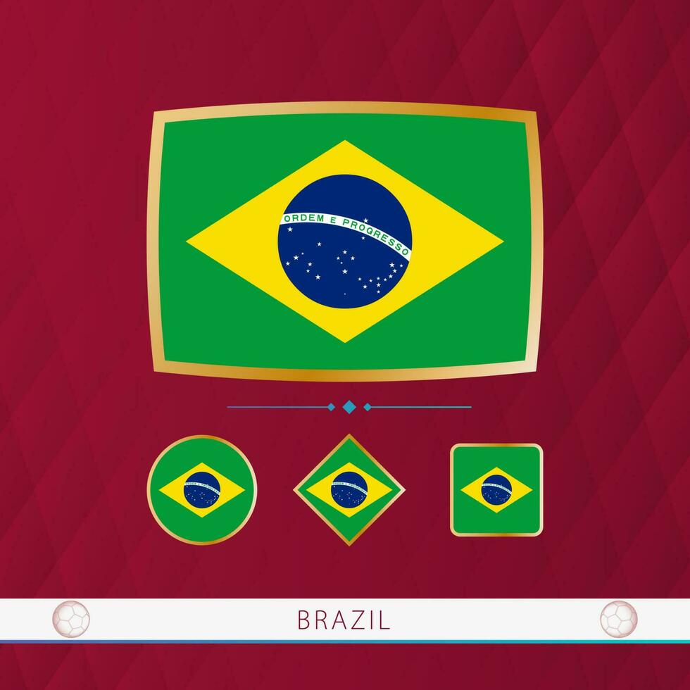 Set of Brazil flags with gold frame for use at sporting events on a burgundy abstract background. vector