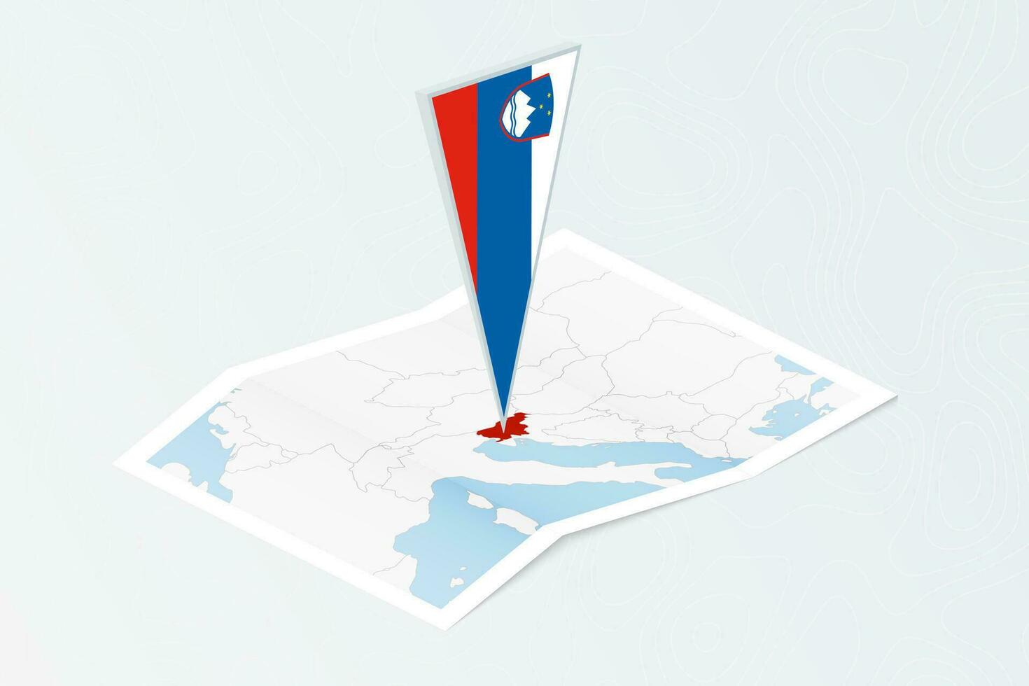 isométrica papel mapa de Eslovenia con triangular bandera de Eslovenia en isométrica estilo. mapa en topográfico antecedentes. vector