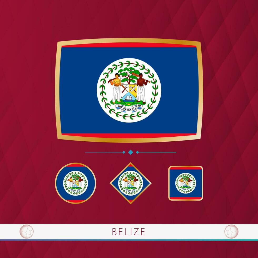 Set of Belize flags with gold frame for use at sporting events on a burgundy abstract background. vector