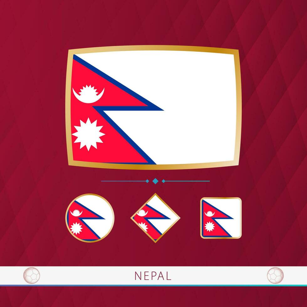 Set of Nepal flags with gold frame for use at sporting events on a burgundy abstract background. vector