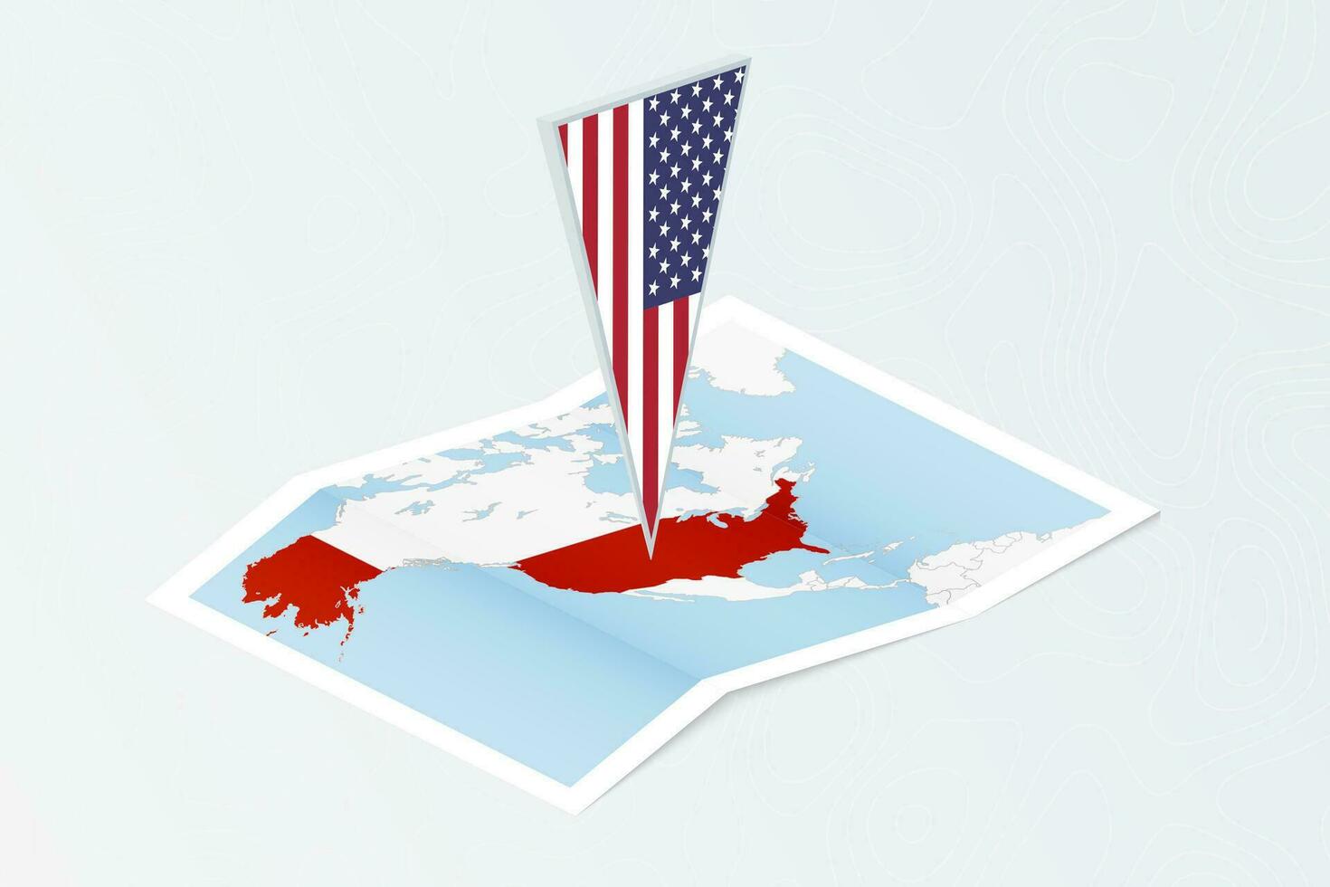 Isometric paper map of USA with triangular flag of USA in isometric style. Map on topographic background. vector