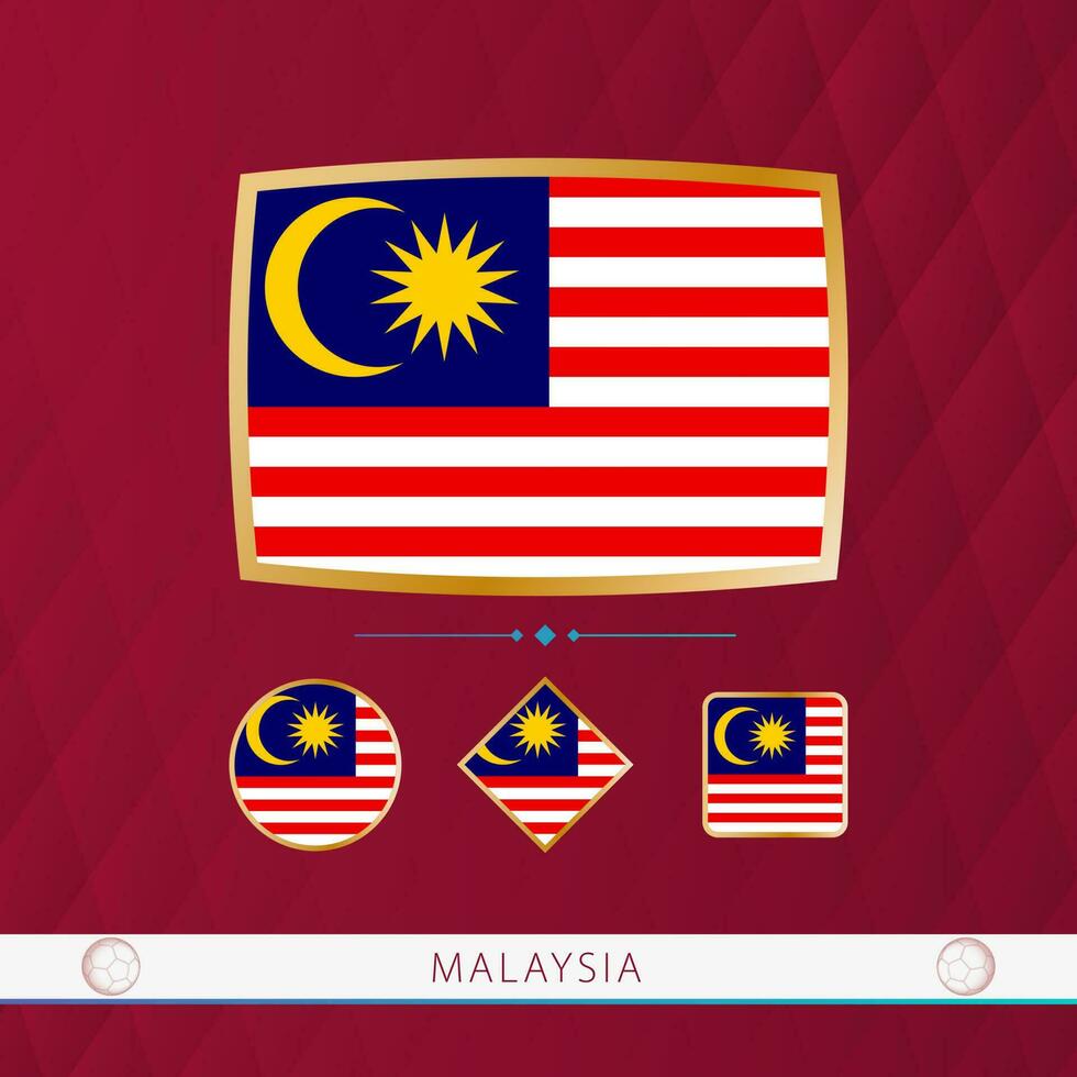 Set of Malaysia flags with gold frame for use at sporting events on a burgundy abstract background. vector