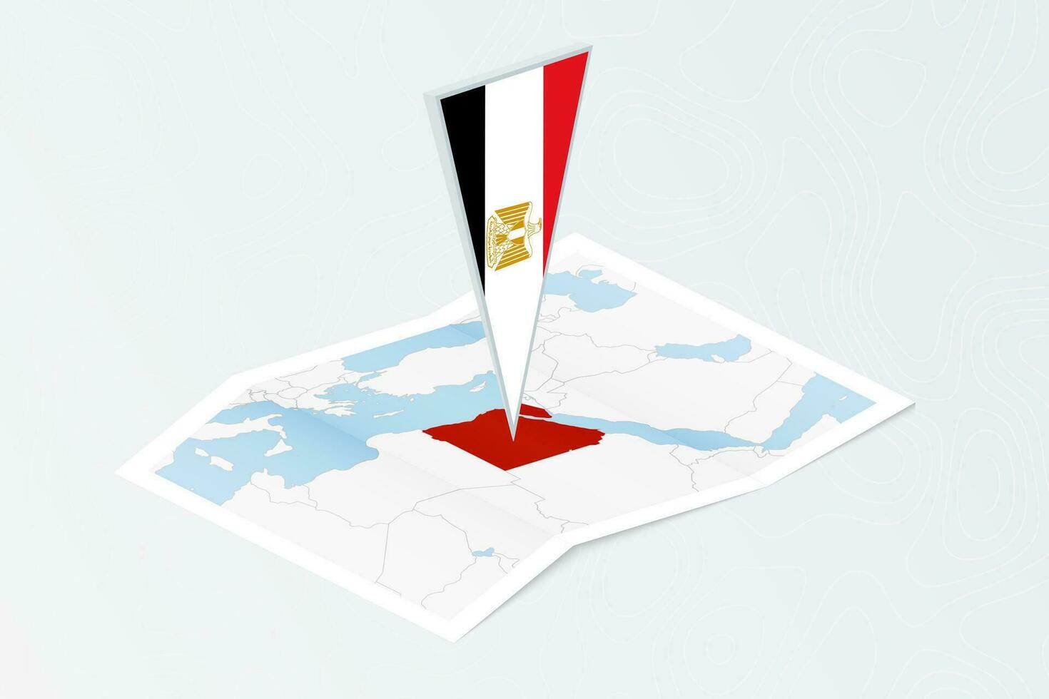 Isometric paper map of Egypt with triangular flag of Egypt in isometric style. Map on topographic background. vector