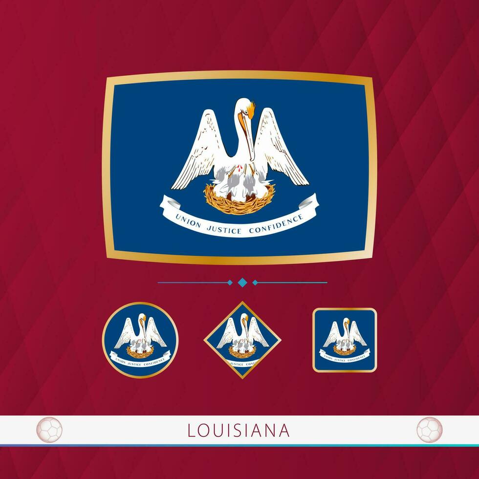 Set of Louisiana flags with gold frame for use at sporting events on a burgundy abstract background. vector