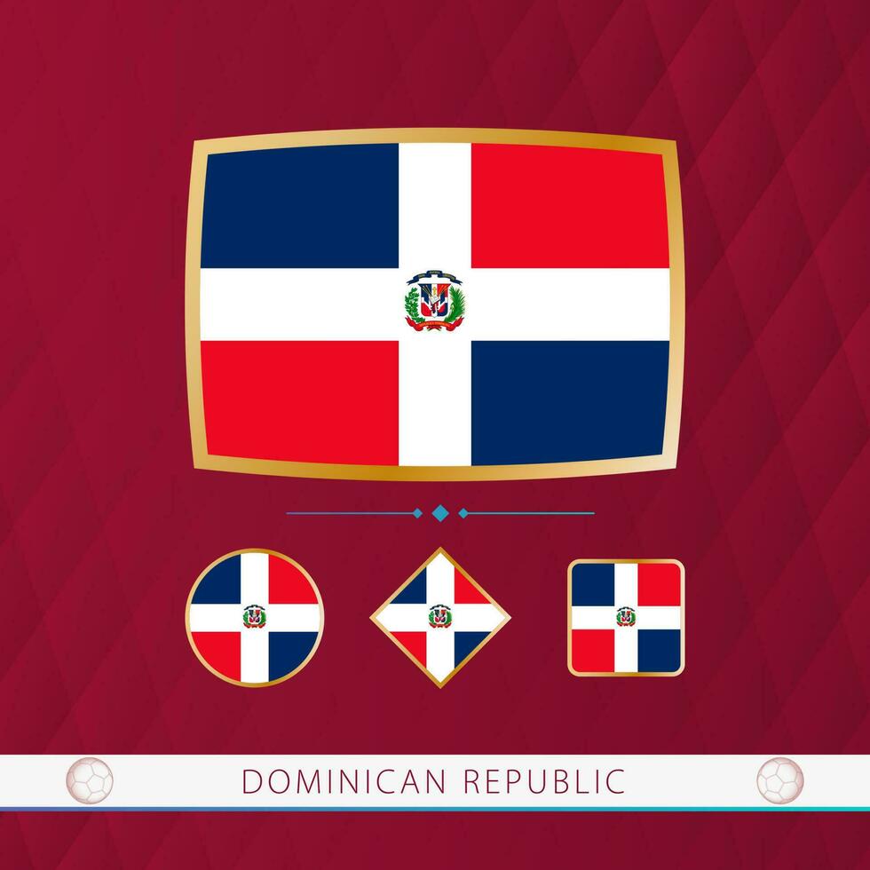 Set of Dominican Republic flags with gold frame for use at sporting events on a burgundy abstract background. vector