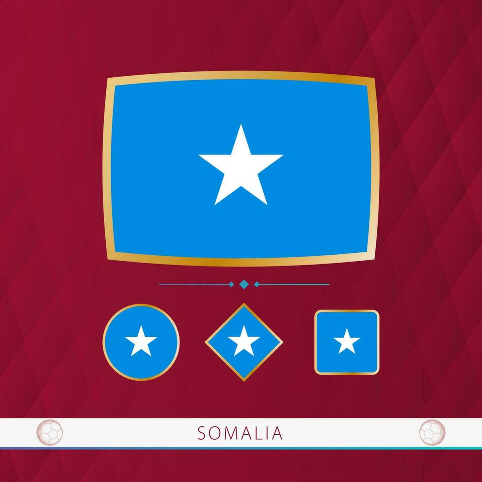 Set of Somalia flags with gold frame for use at sporting events on a burgundy abstract background. vector