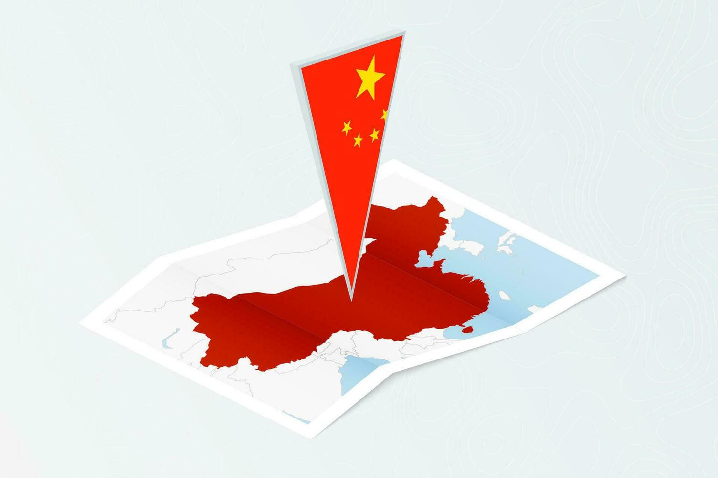 Isometric paper map of China with triangular flag of China in isometric style. Map on topographic background. vector