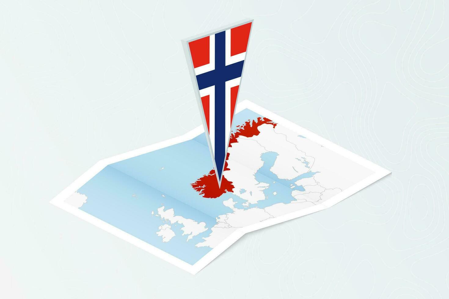 Isometric paper map of Norway with triangular flag of Norway in isometric style. Map on topographic background. vector