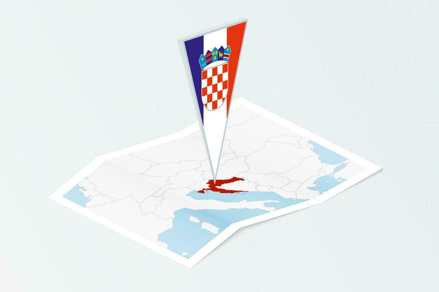 Isometric paper map of Croatia with triangular flag of Croatia in isometric style. Map on topographic background. vector