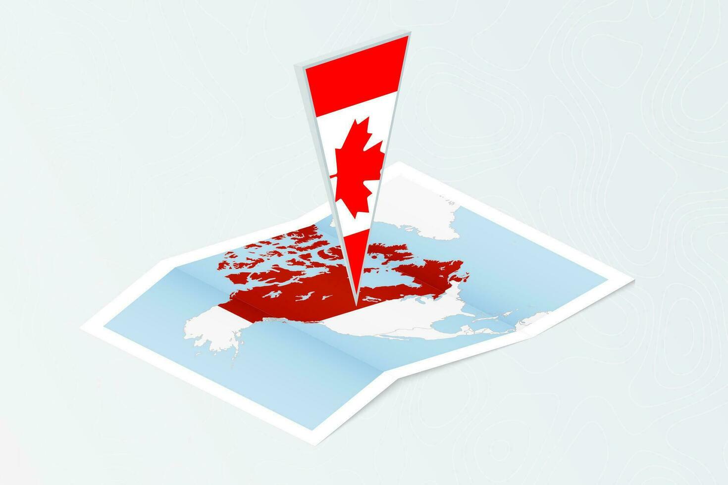 isométrica papel mapa de Canadá con triangular bandera de Canadá en isométrica estilo. mapa en topográfico antecedentes. vector