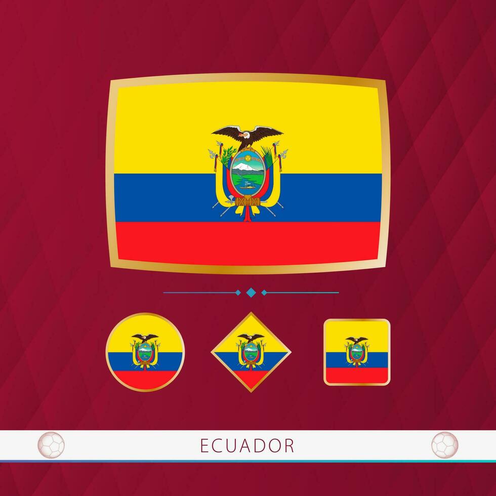 Set of Ecuador flags with gold frame for use at sporting events on a burgundy abstract background. vector