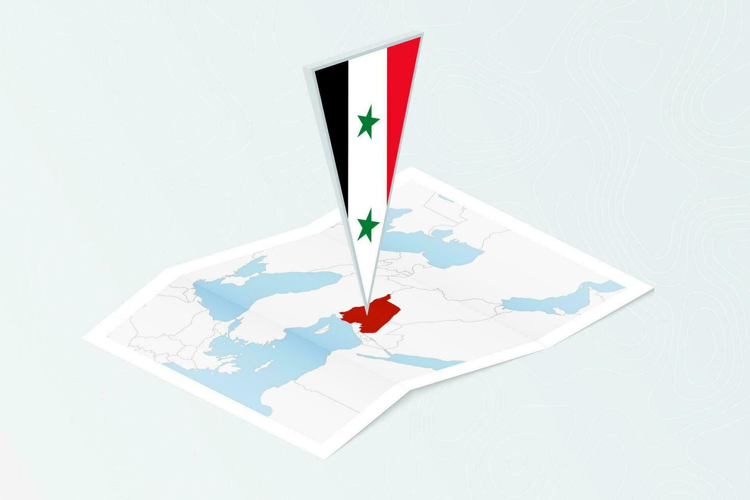 Isometric paper map of Syria with triangular flag of Syria in isometric style. Map on topographic background. vector
